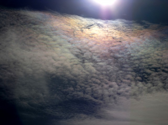2010/1/4 冬の午後、太陽の周りの雲は虹色に輝いていた。龍神様の鱗のようにも見えて、とてもゴージャスだ。